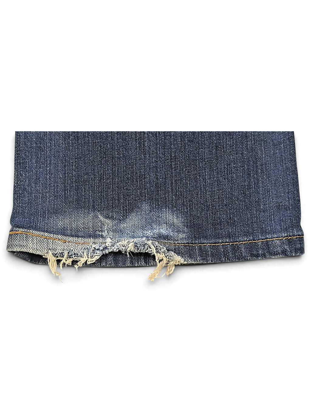 JAKE & IPI Levi's Contour Boot Jeans featuring a dark blue denim wash with distressed frayed hems