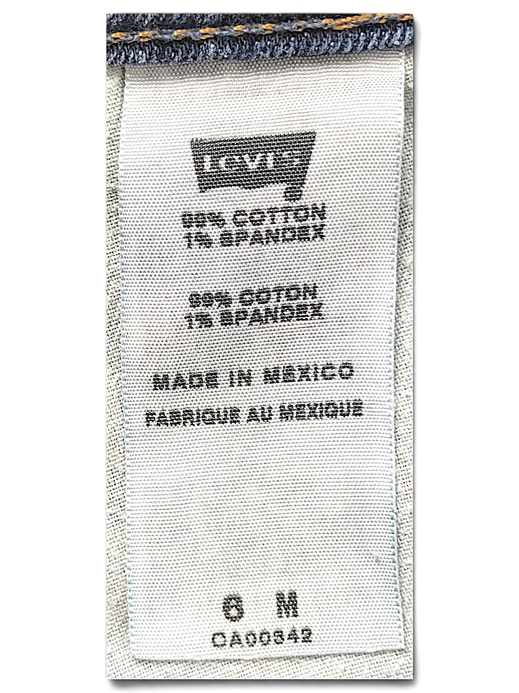 JAKE & IPI Levi's Contour Boot Jeans fabric care label showing 99 percent cotton and 1 percent spandex composition