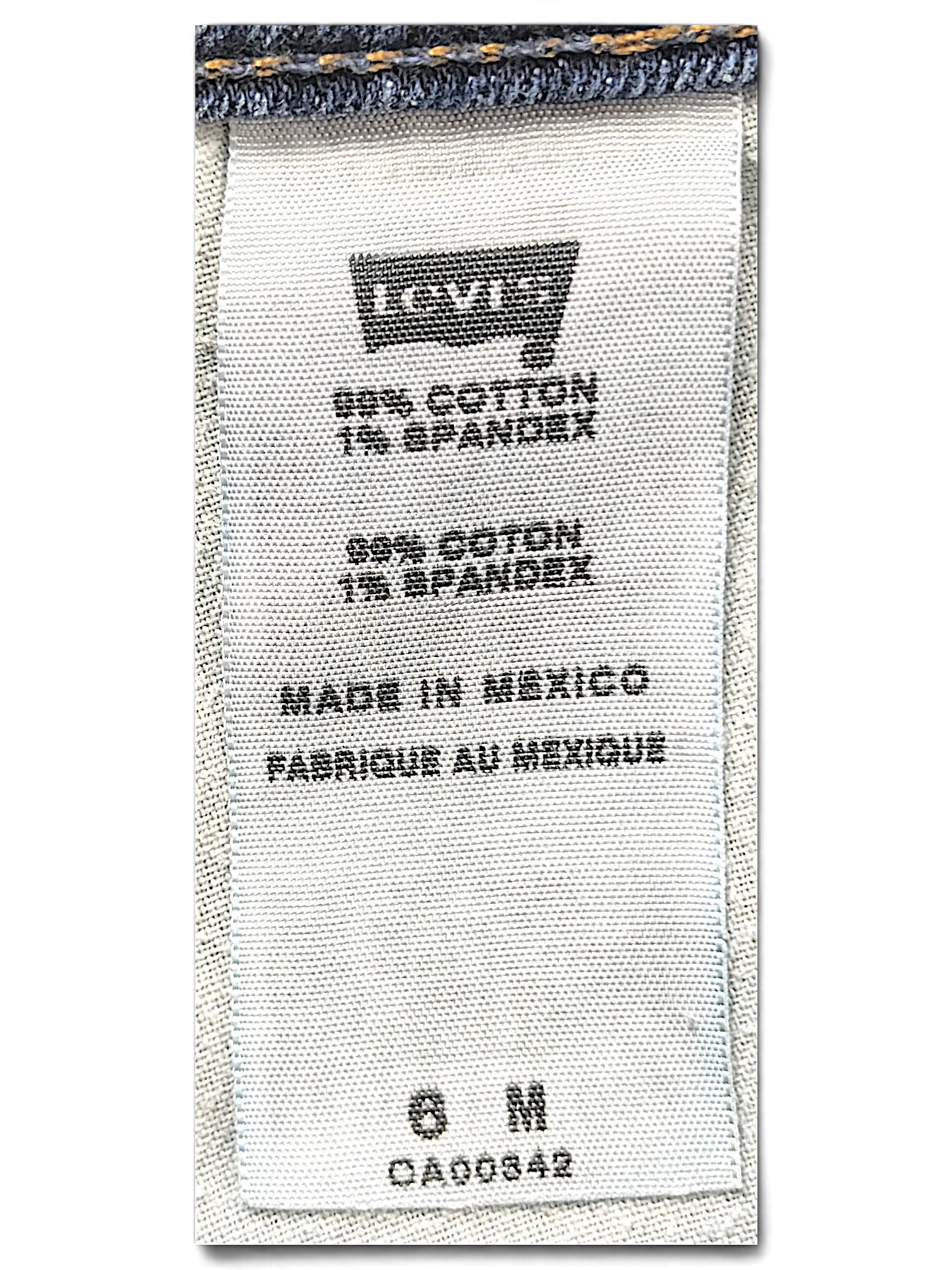JAKE & IPI Levi's Contour Boot Jeans fabric care label showing 99 percent cotton and 1 percent spandex composition