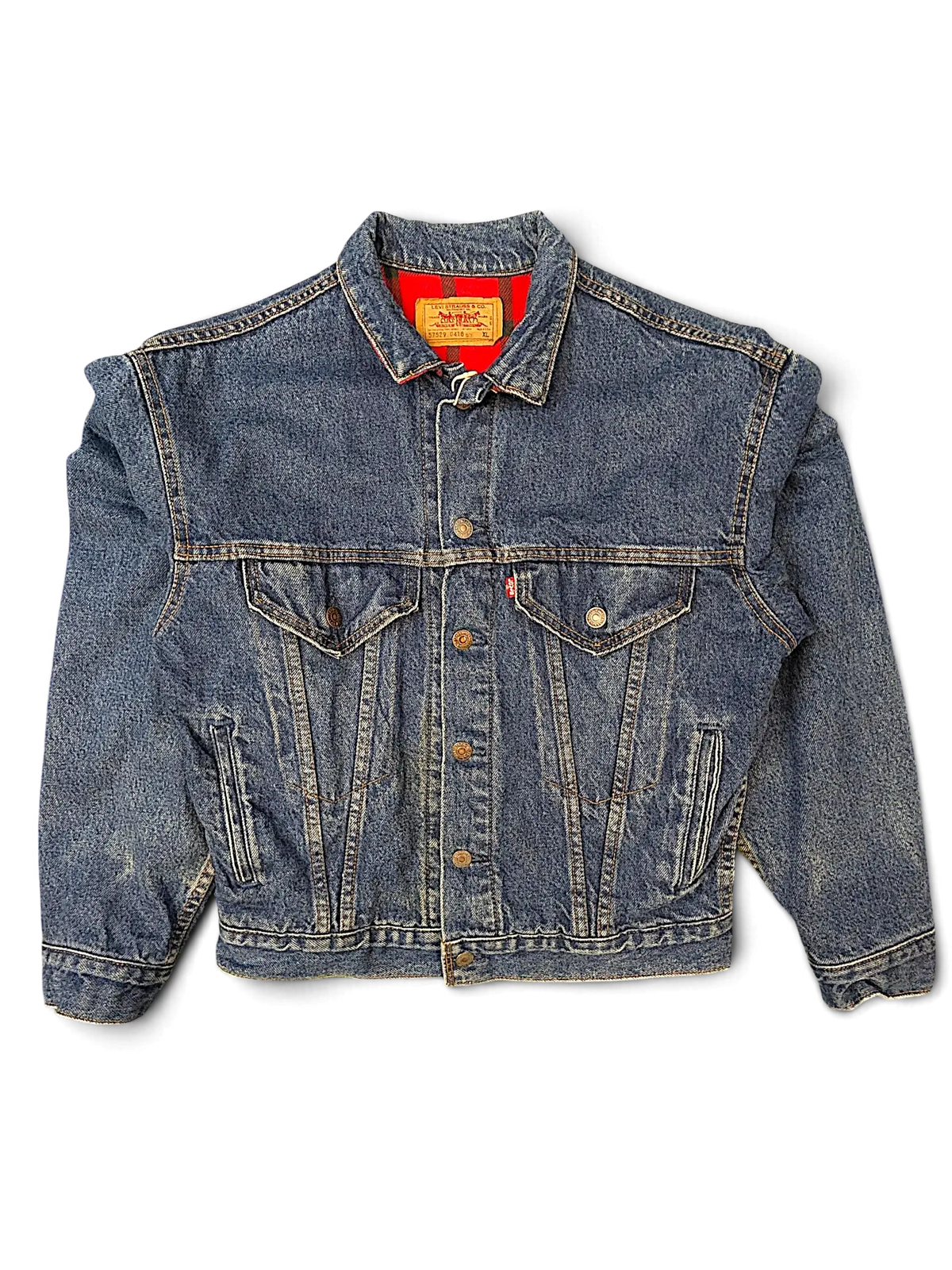JAKE & IPI Levi's Quilt Inside 57529 0418 denim jacket with a red quilted lining and classic button-up front.