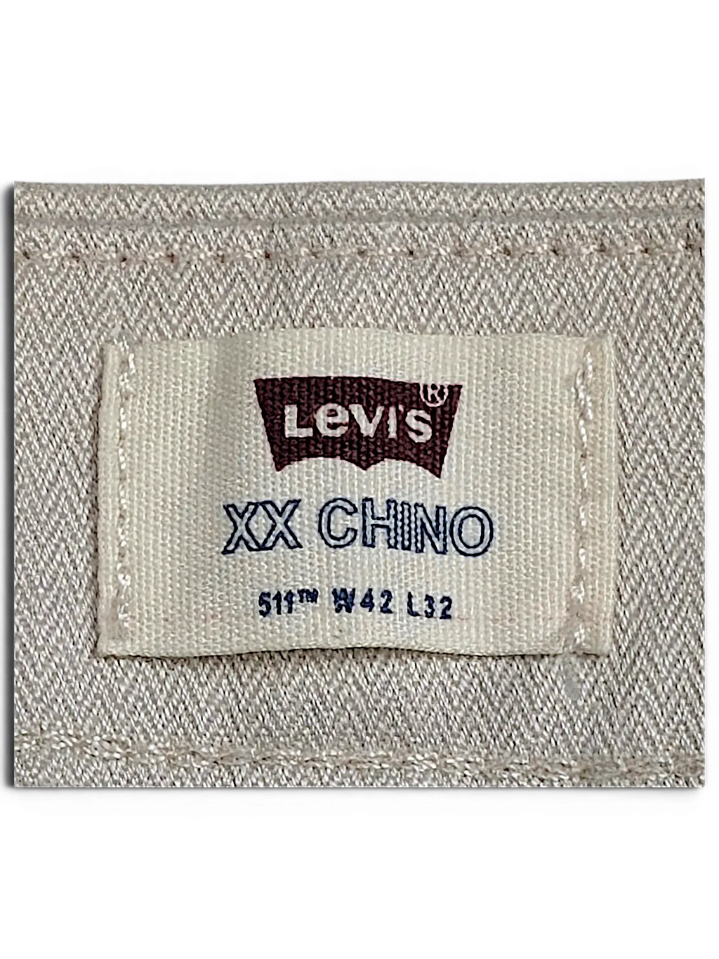 JAKE & IPI Levi's XX Chino 511 beige cotton pants interior waist label showing size W42 L32