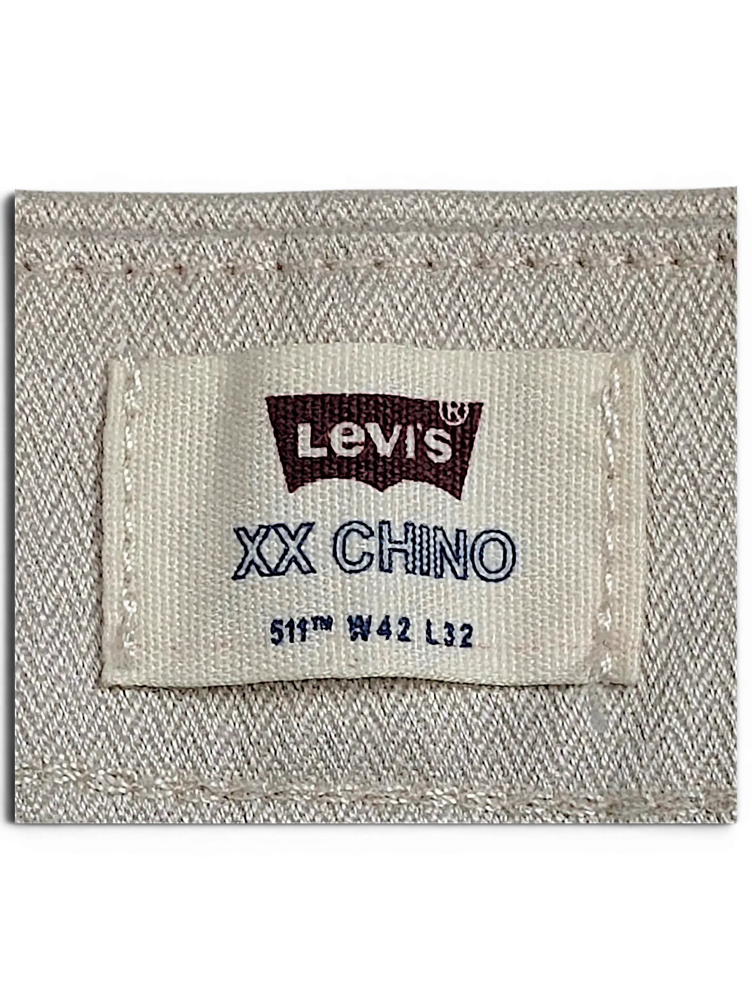 JAKE & IPI Levi's XX Chino 511 beige cotton pants interior waist label showing size W42 L32