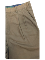 JAKE & IPI Liberty vintage olive green pleated trousers with a straight leg and plaid waistband lining.