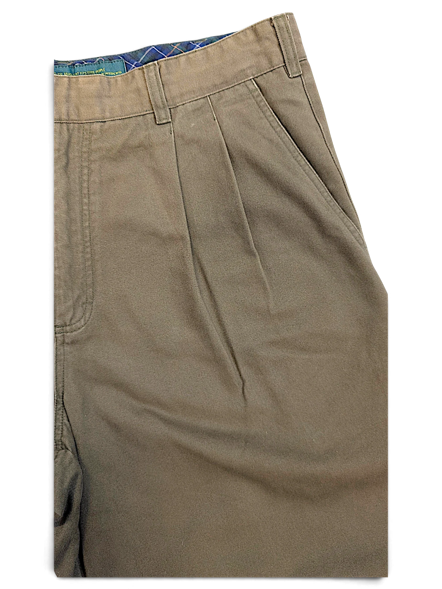 JAKE & IPI Liberty vintage olive green pleated trousers with a straight leg and plaid waistband lining.