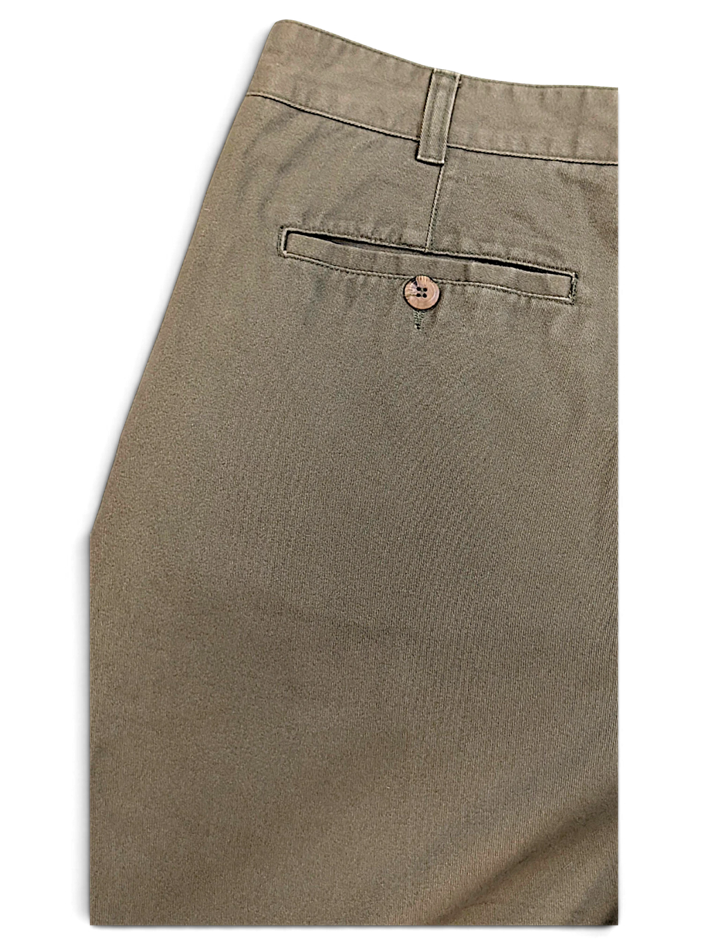 JAKE & IPI Liberty vintage olive green pleated trousers featuring a rear welt pocket with a button detail.