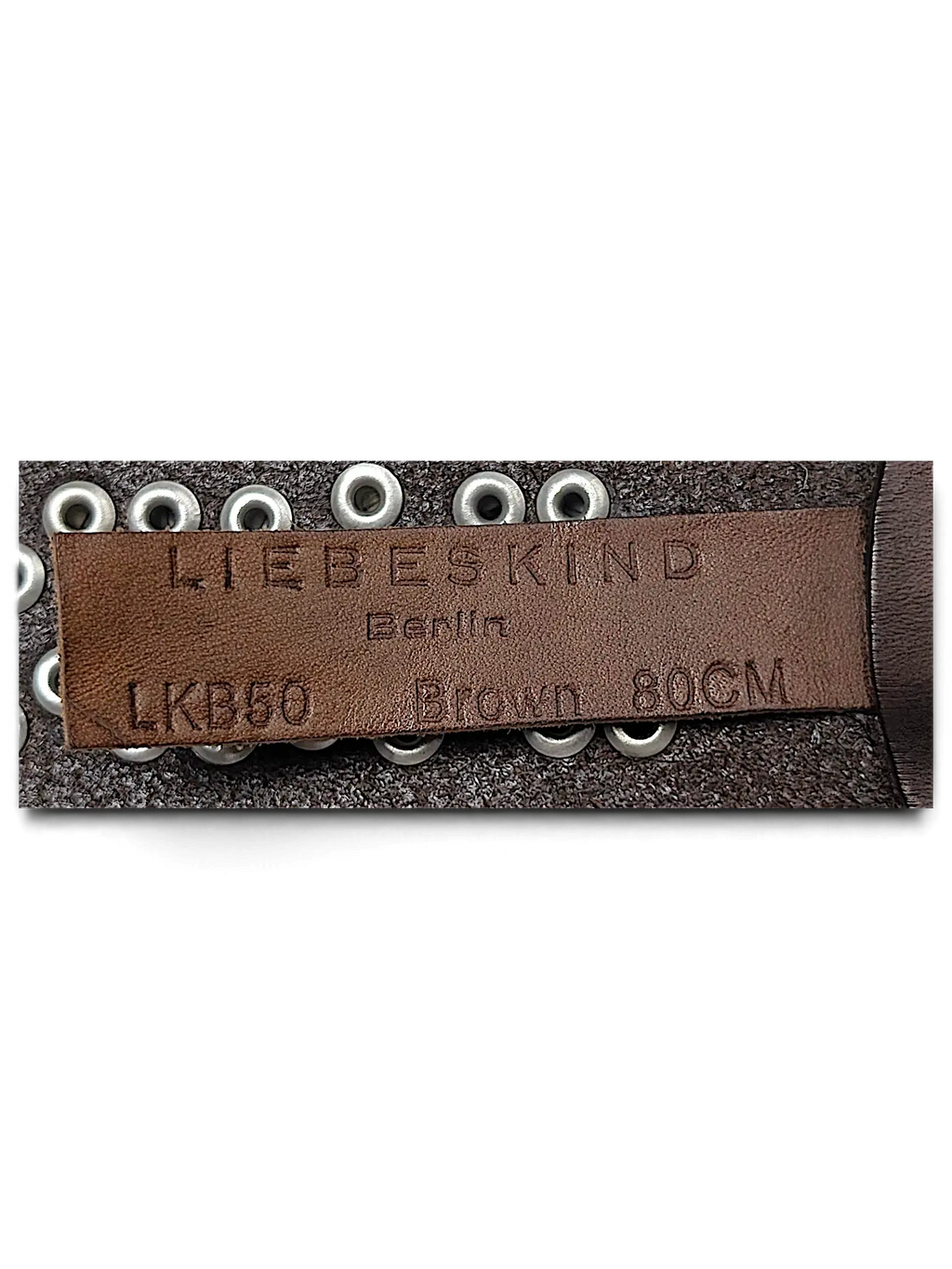 JAKE & IPI Liebeskind brown leather belt with silver metal eyelet detailing and embossed brand logo