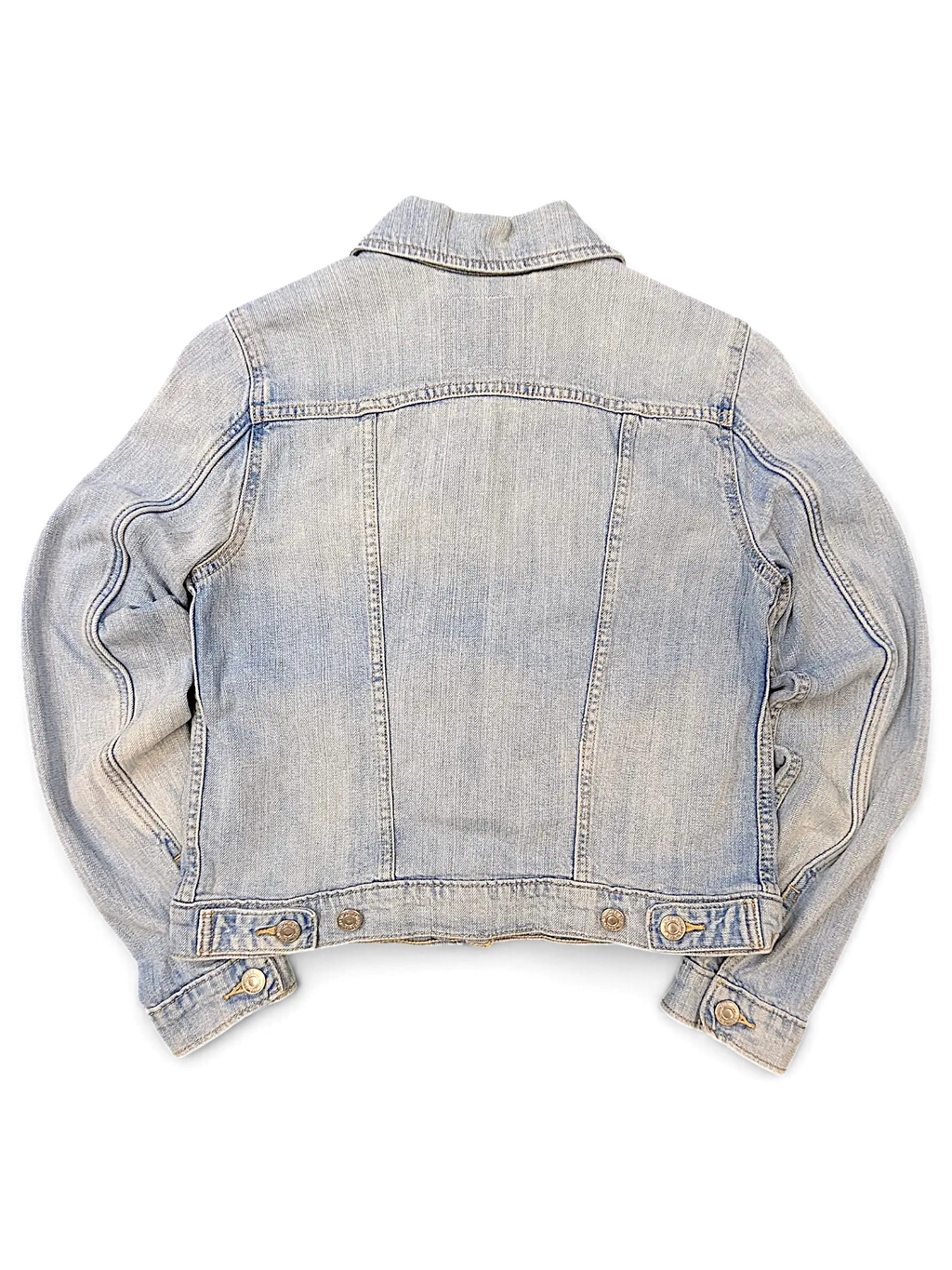 JAKE & IPI girls light wash denim jacket, back view showing classic collar and buttoned cuffs
