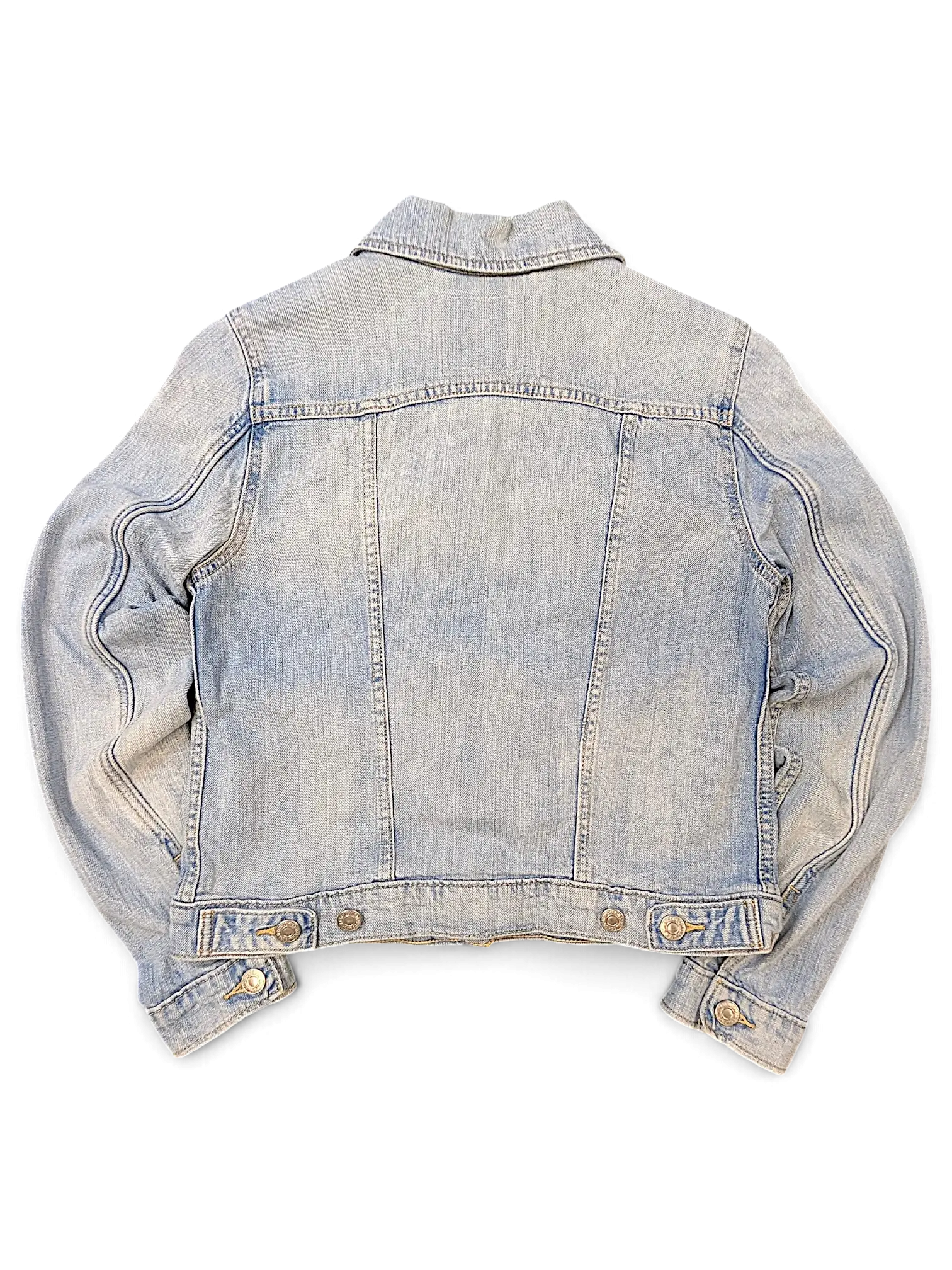 JAKE & IPI girls light wash denim jacket, back view showing classic collar and buttoned cuffs