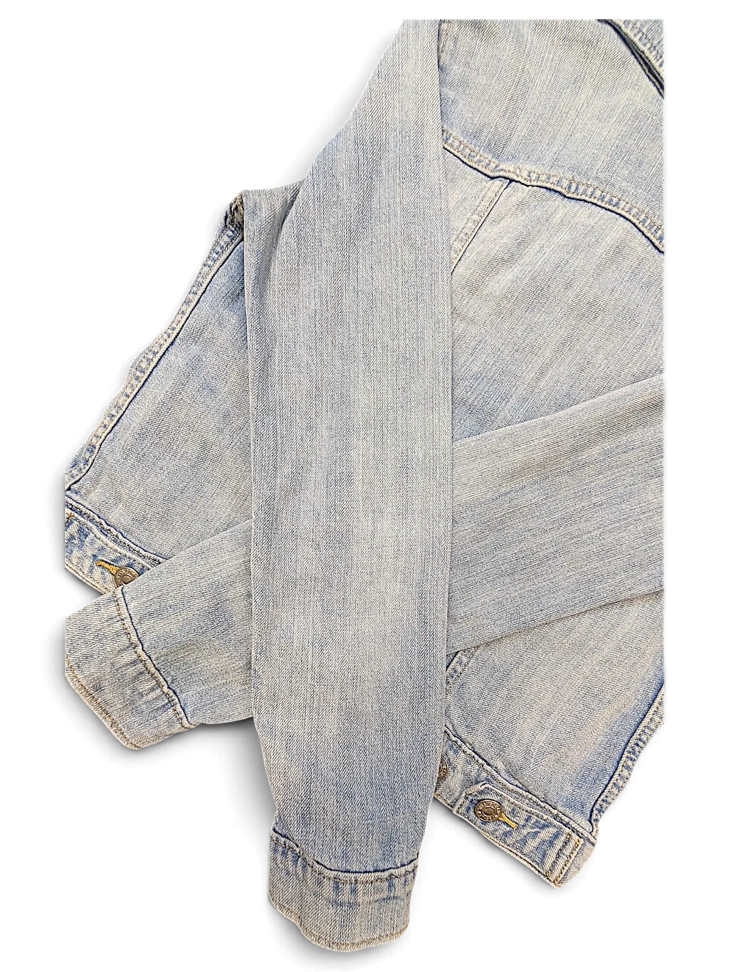 JAKE & IPI light wash denim Levi's Strauss girls jacket featuring classic metal button cuffs and stitching details
