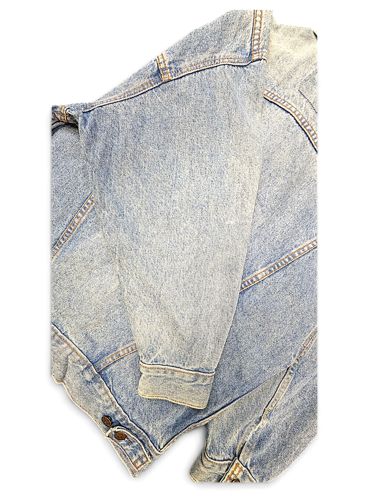 JAKE & IPI vintage light wash denim jacket with classic stitching and buttoned cuffs