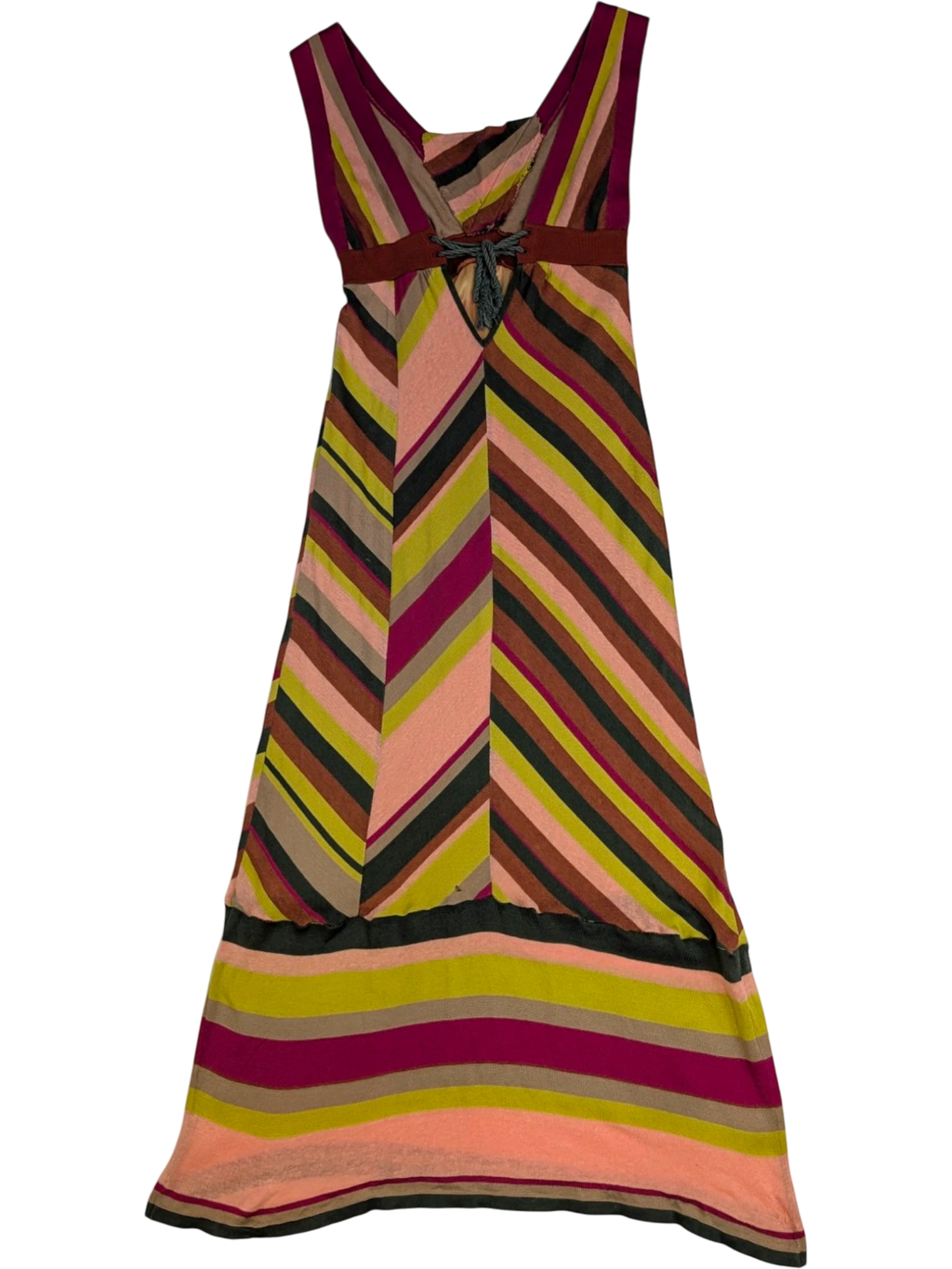 JAKE & IPI sleeveless M Missoni chevron stripe maxi dress in pink, olive, lime green, beige, and burgundy. Cotton-linen blend with empire waist and belt detail.