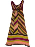 JAKE & IPI sleeveless M Missoni chevron stripe maxi dress in pink, olive, lime green, beige, and burgundy. Cotton-linen blend with empire waist and belt detail.