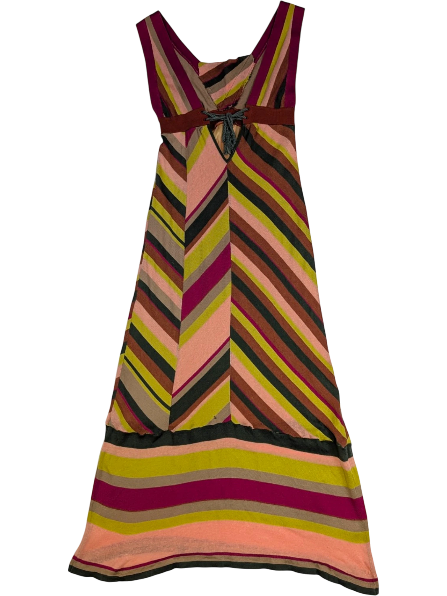 JAKE & IPI sleeveless M Missoni chevron stripe maxi dress in pink, olive, lime green, beige, and burgundy. Cotton-linen blend with empire waist and belt detail.