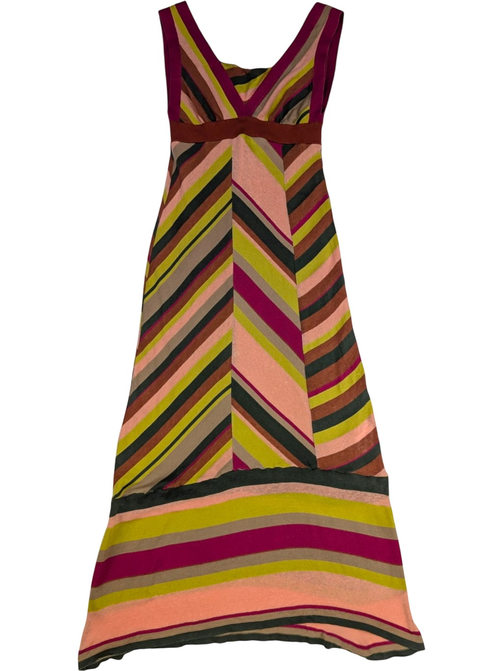 JAKE & IPI M Missoni sleeveless maxi dress with chevron stripes in pink, olive, lime green, beige, and burgundy. Cotton-linen blend.