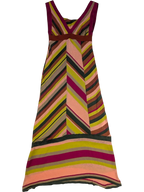 JAKE & IPI M Missoni sleeveless maxi dress with chevron stripes in pink, olive, lime green, beige, and burgundy. Cotton-linen blend.