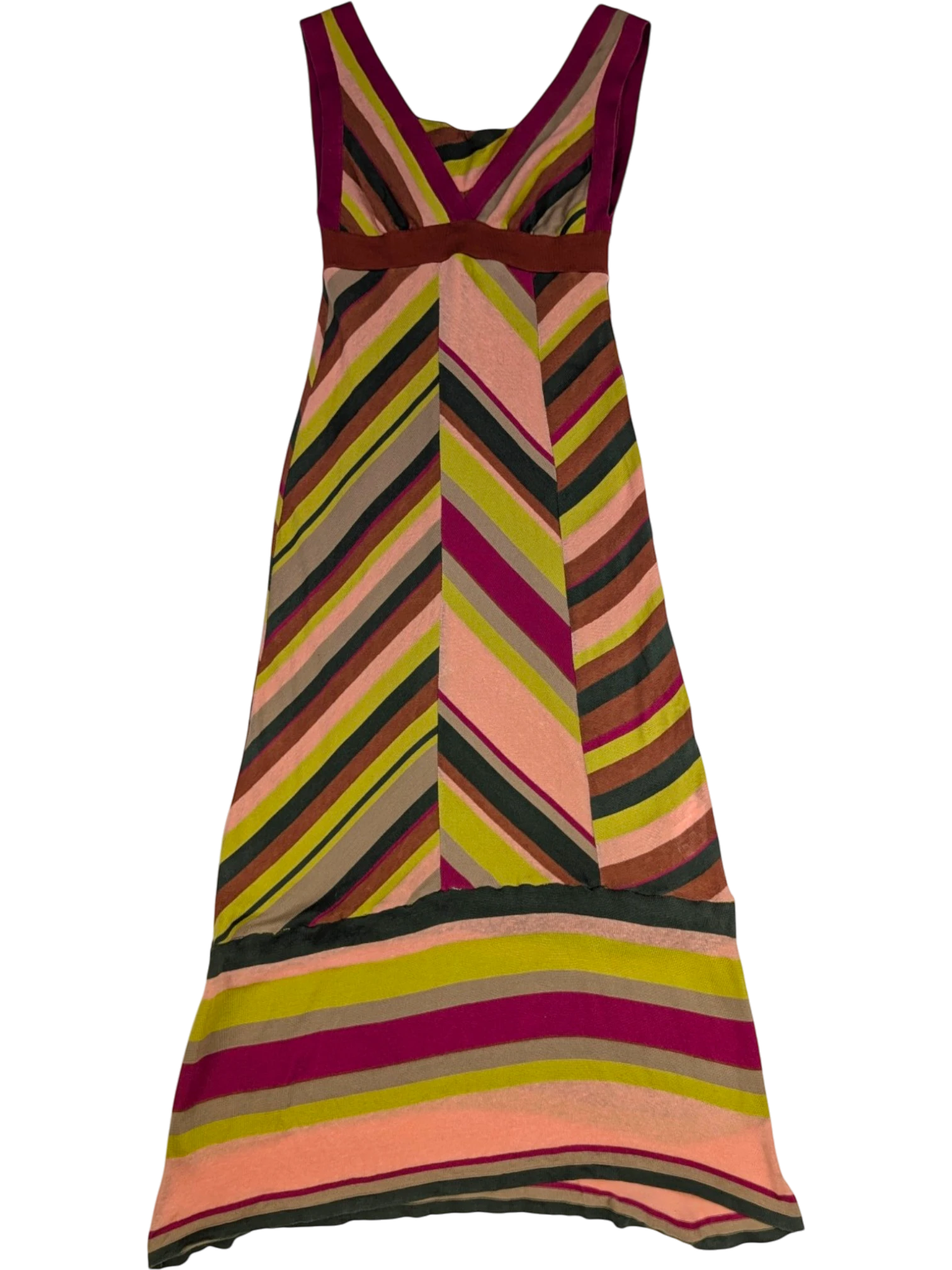 JAKE & IPI M Missoni sleeveless maxi dress with chevron stripes in pink, olive, lime green, beige, and burgundy. Cotton-linen blend.