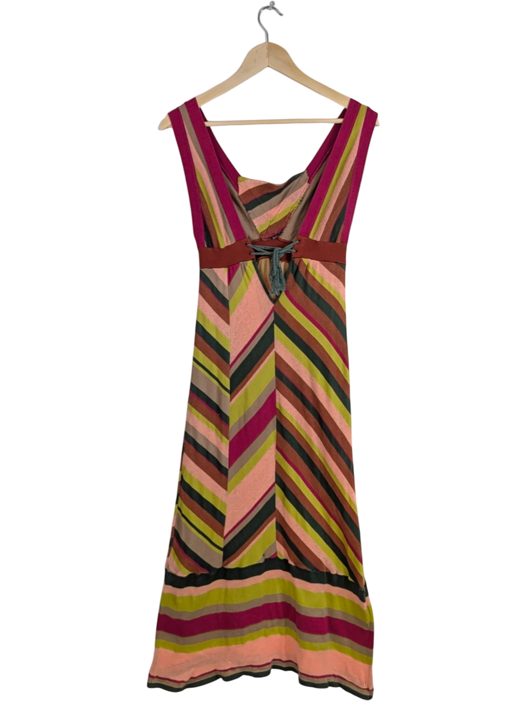 JAKE & IPI sleeveless M Missoni chevron stripe maxi dress in pink, olive, lime green, beige, and burgundy. Cotton-linen blend.