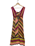 JAKE & IPI sleeveless M Missoni chevron stripe maxi dress in pink, olive, lime green, beige, and burgundy. Cotton-linen blend.