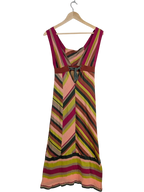 JAKE & IPI sleeveless M Missoni chevron stripe maxi dress in pink, olive, lime green, beige, and burgundy. Cotton-linen blend.