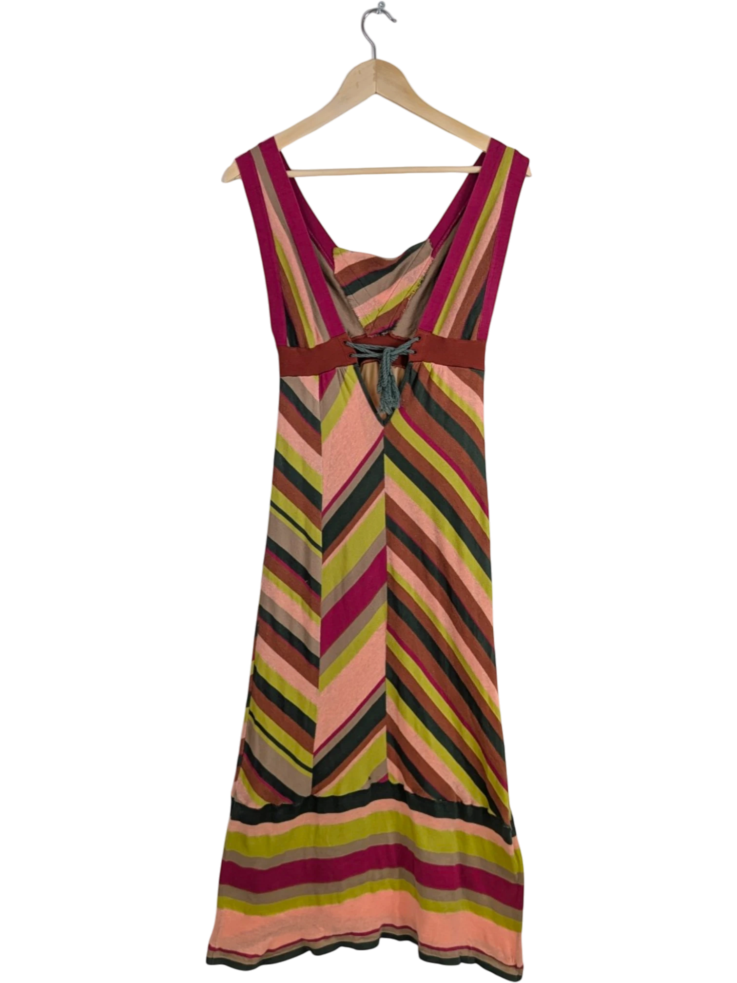JAKE & IPI sleeveless M Missoni chevron stripe maxi dress in pink, olive, lime green, beige, and burgundy. Cotton-linen blend.