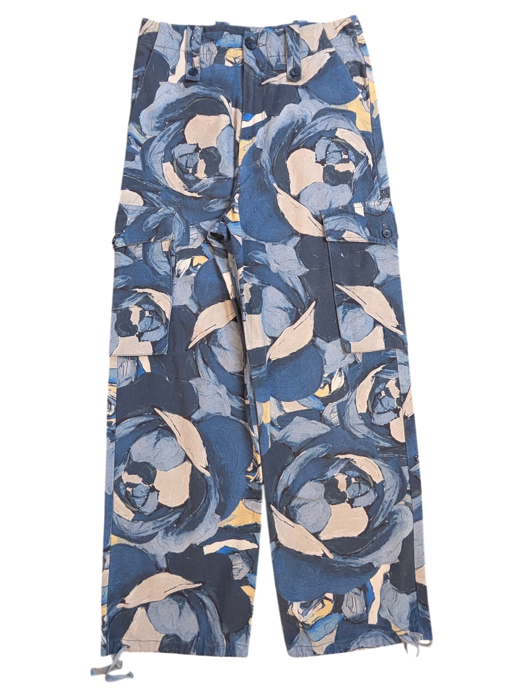 JAKE & IPI Maliparmi blue floral print cargo pants with drawstring ankles and button flap pockets.