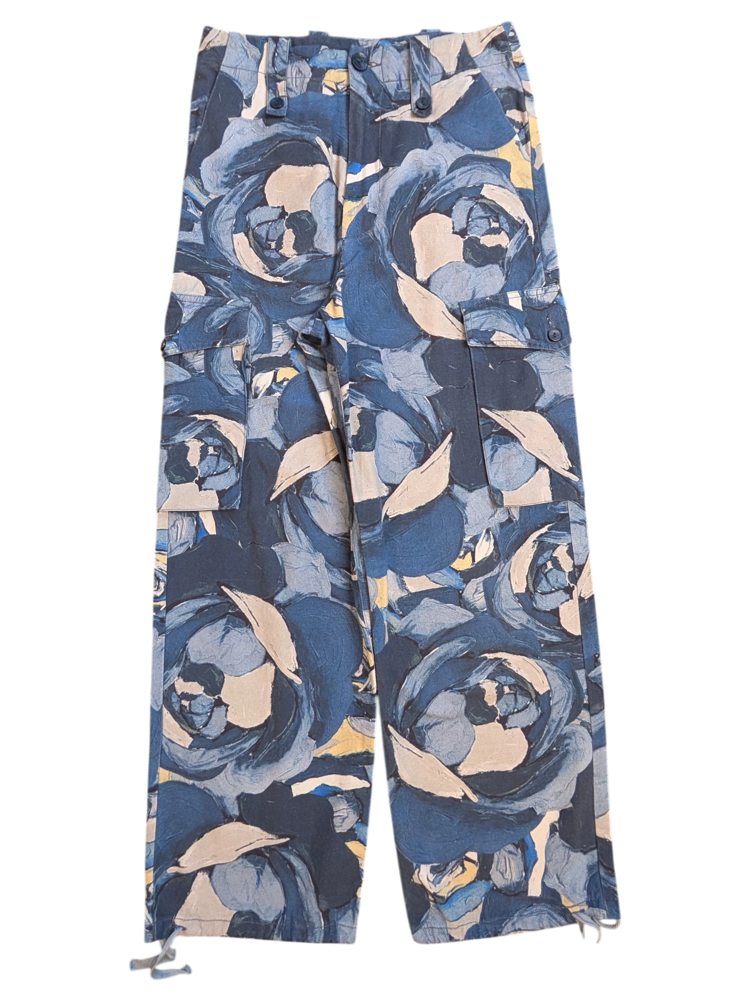 JAKE & IPI Maliparmi blue floral print cargo pants with drawstring ankles and button flap pockets.