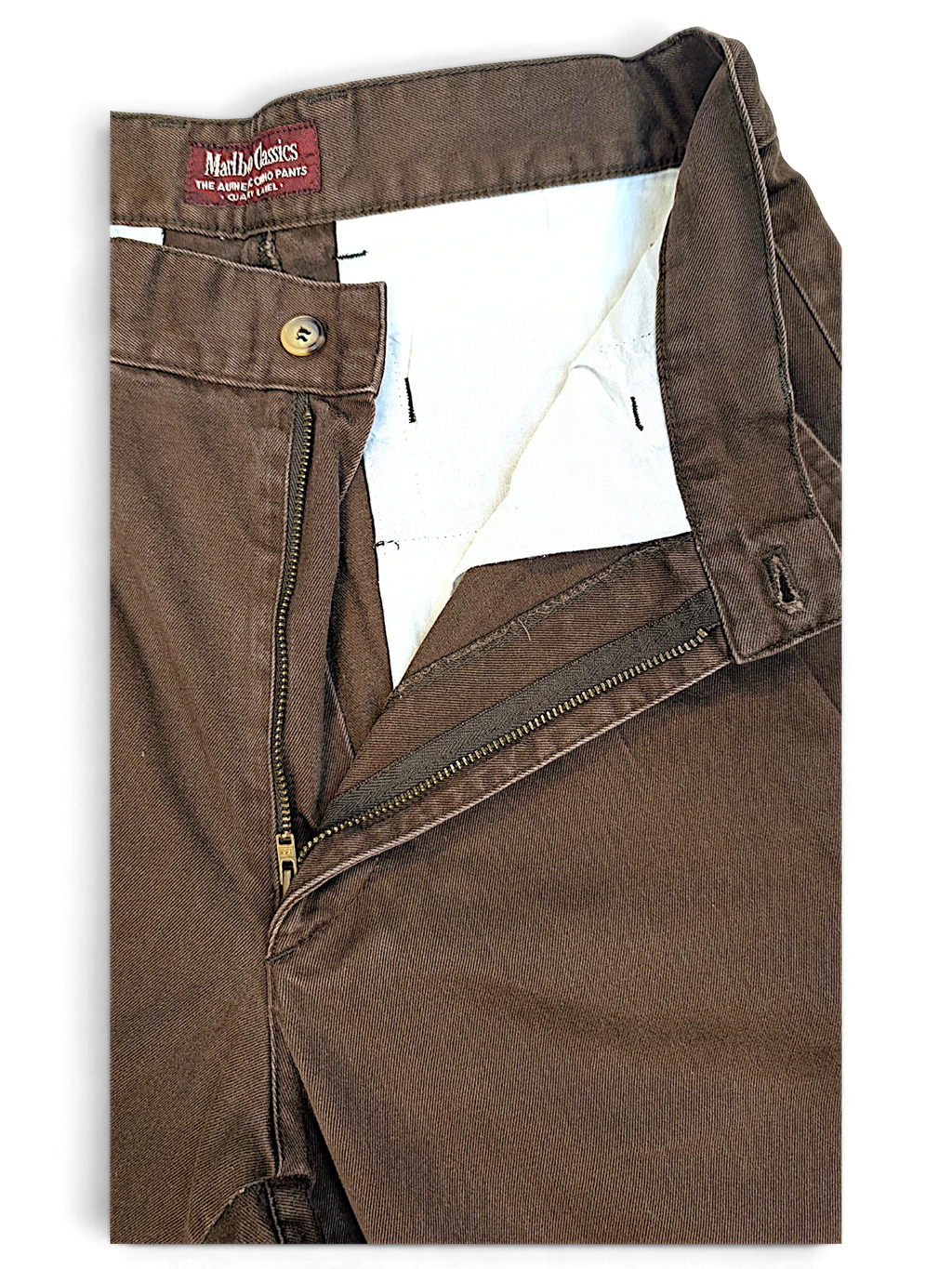 JAKE & IPI Marlboro Classics brown cotton chino pants with a button and zipper fly closure