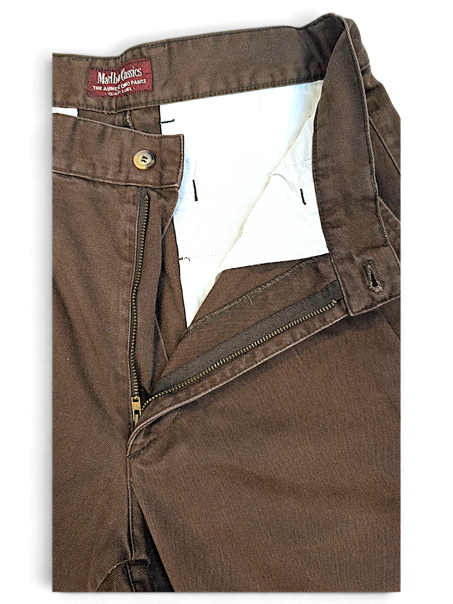 JAKE & IPI Marlboro Classics brown cotton chino pants with a button and zipper fly closure