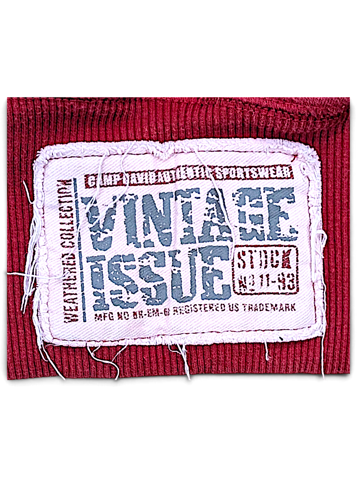JAKE & IPI Camp David College maroon sweatshirt featuring a frayed vintage style fabric patch label