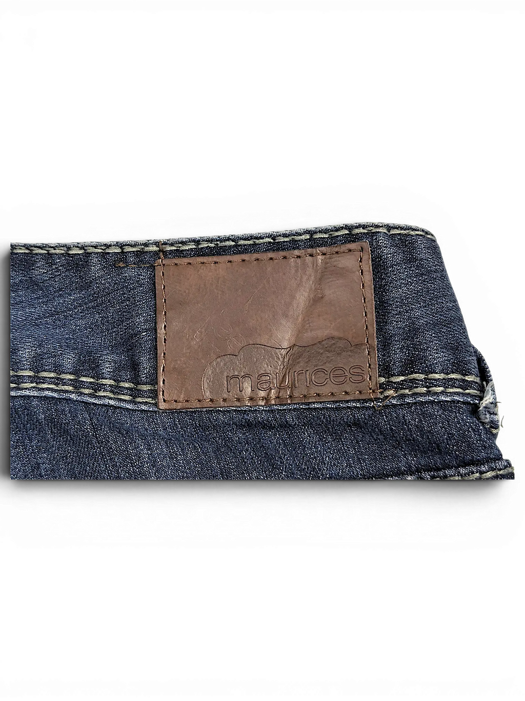 JAKE & IPI Maurices straight leg jeans featuring a brown leather brand patch on the back waistband with contrast stitching