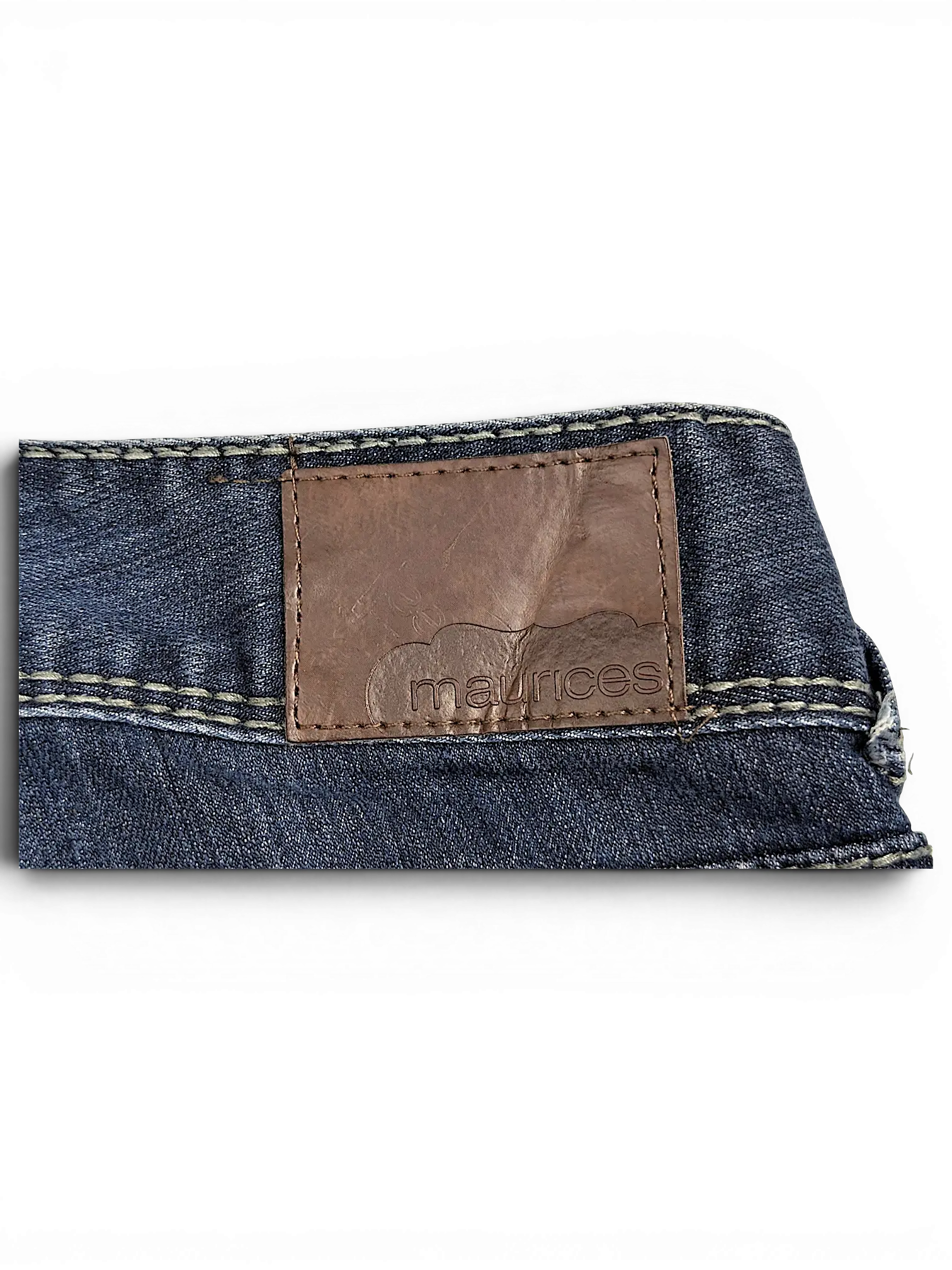 JAKE & IPI Maurices straight leg jeans featuring a brown leather brand patch on the back waistband with contrast stitching