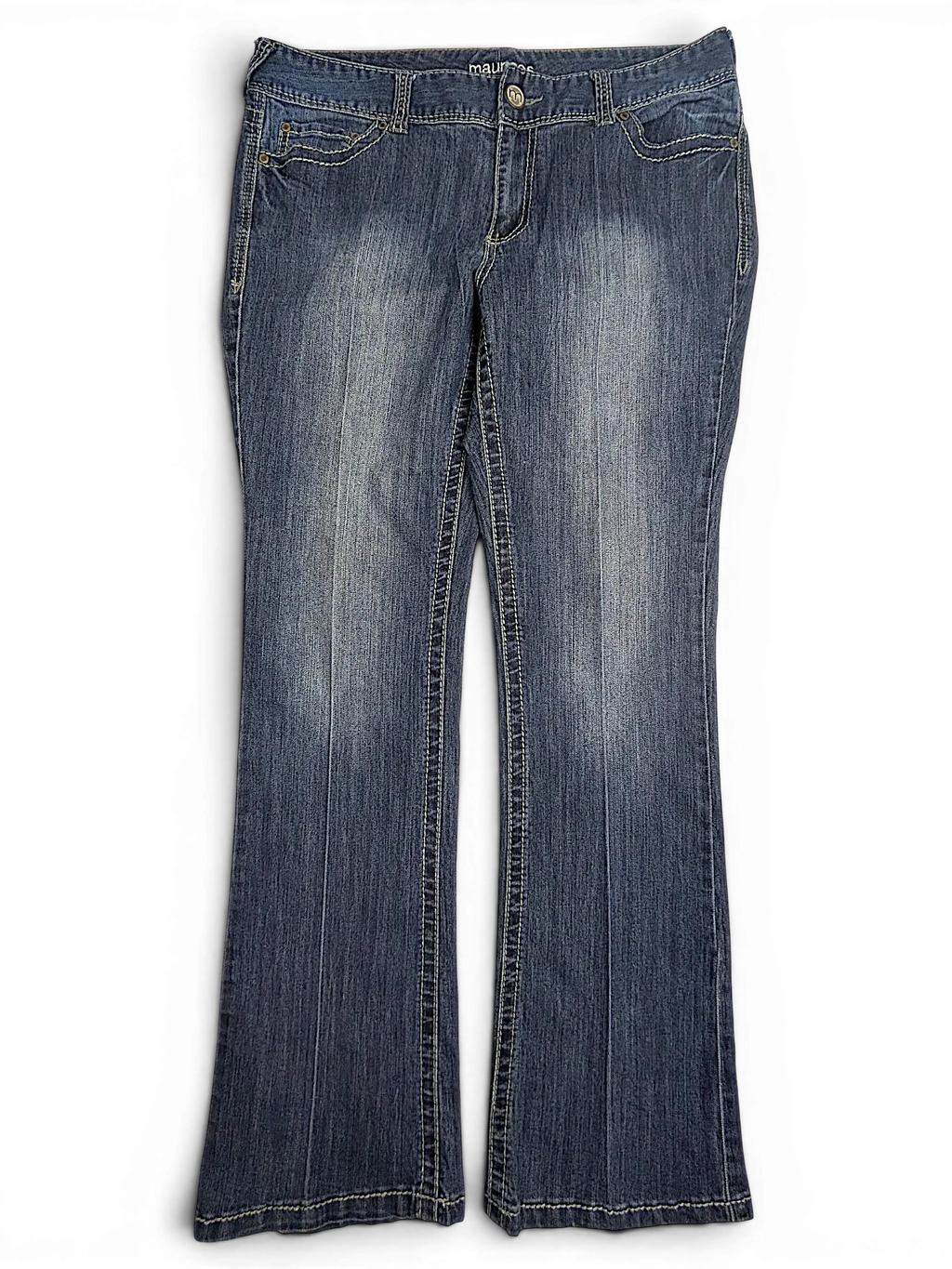 JAKE & IPI Maurices straight leg jeans in medium wash denim with contrast stitching and fading details.