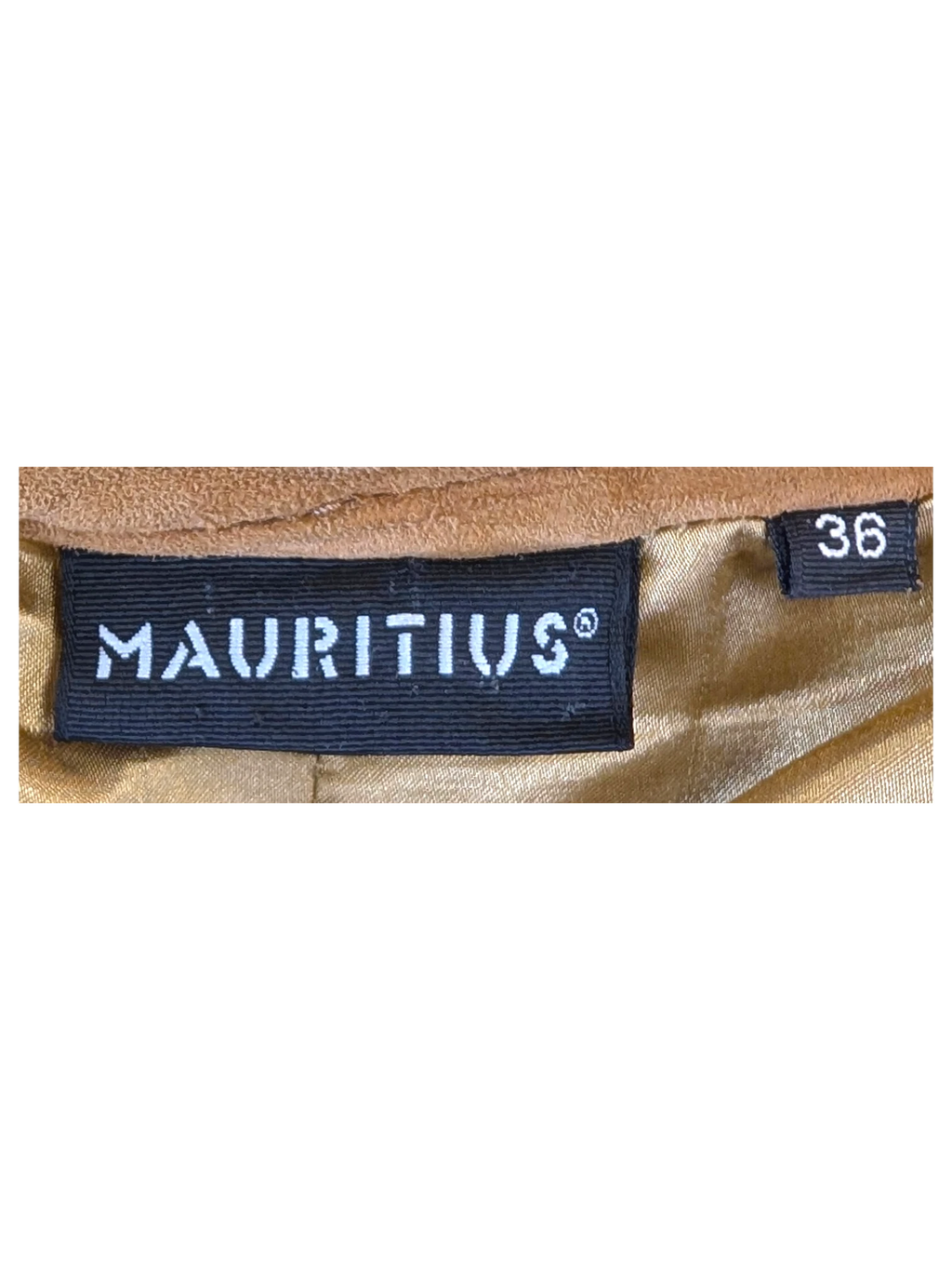 JAKE & IPI Mauritius tan suede leather pants interior label and gold satin lining with size 36 tag
