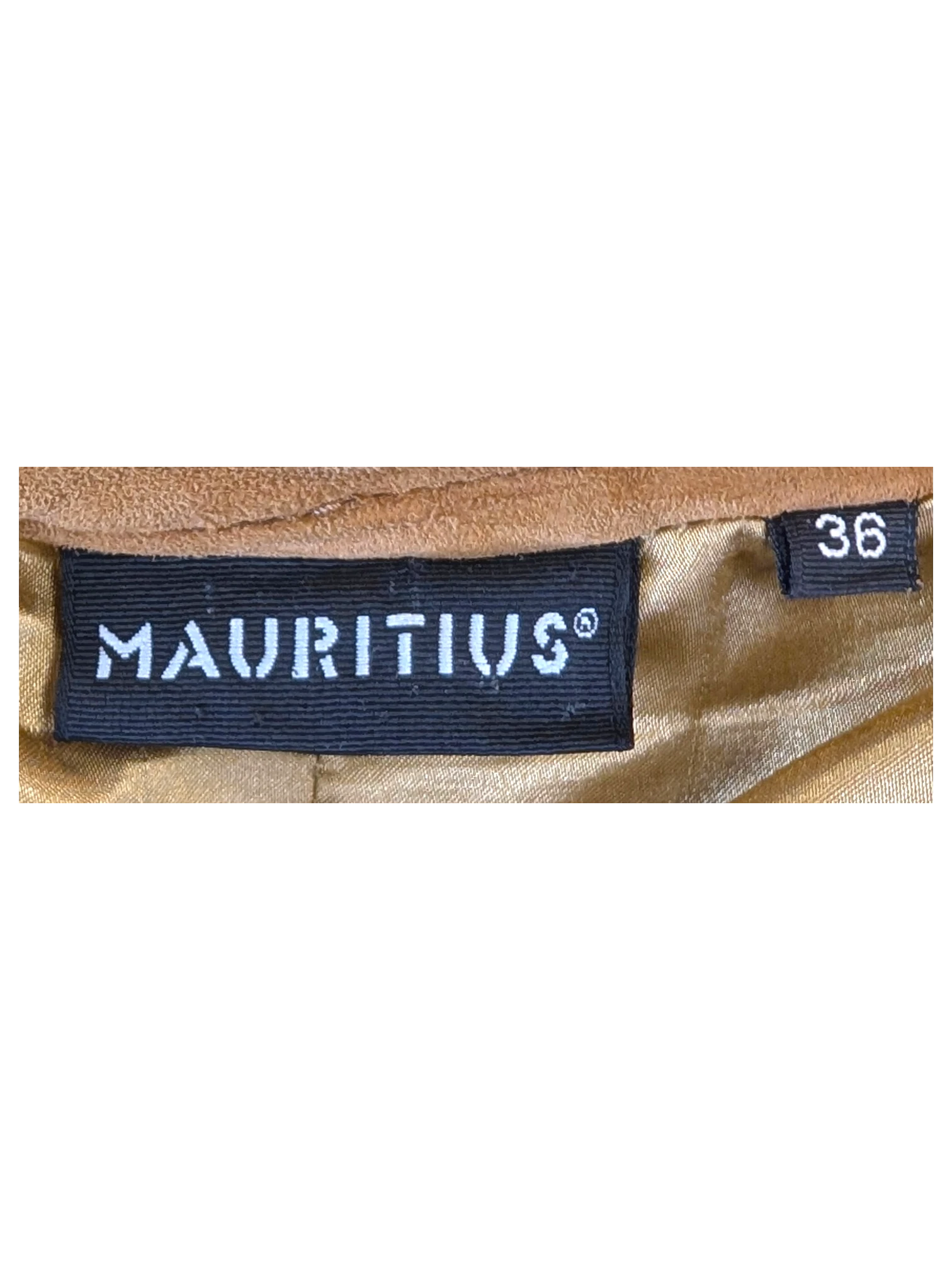 JAKE & IPI Mauritius tan suede leather pants interior label and gold satin lining with size 36 tag