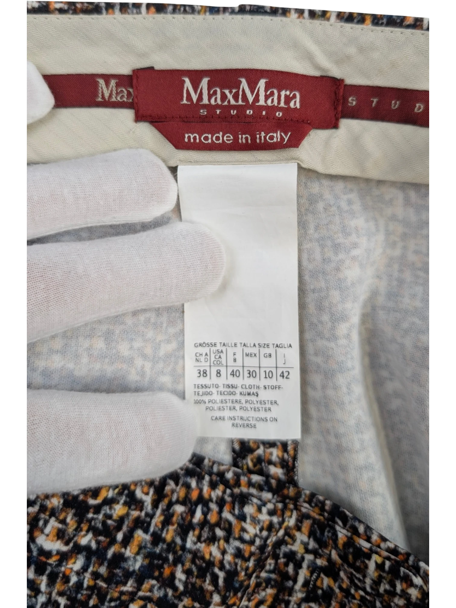 JAKE & IPI Max Mara Studio slim tailored trousers in black, beige, and brown tweed-effect fabric. Made in Italy.
