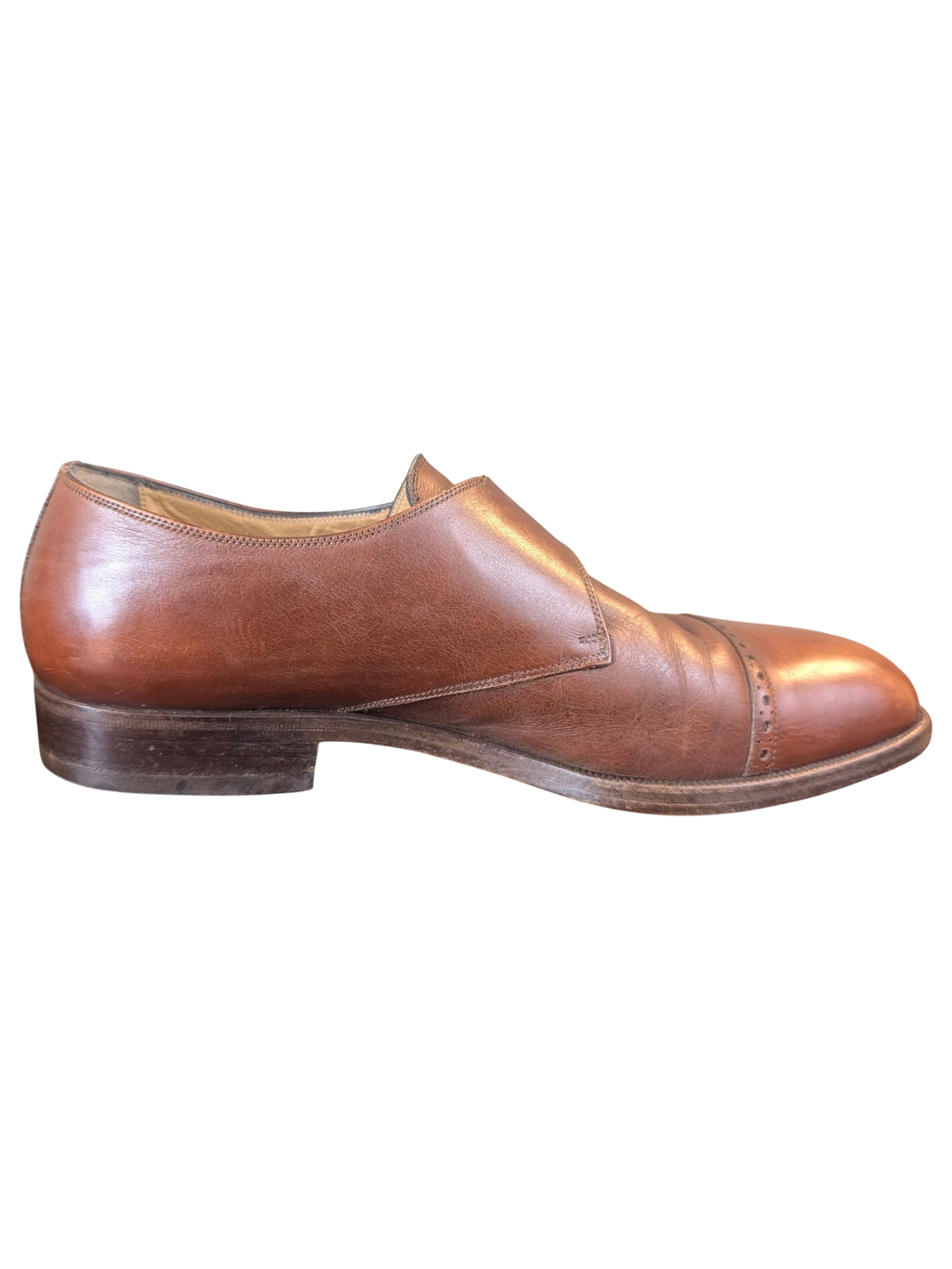 JAKE & IPI Melluso Uomo brown leather monk strap shoes with cap toe detailing in a side profile view.