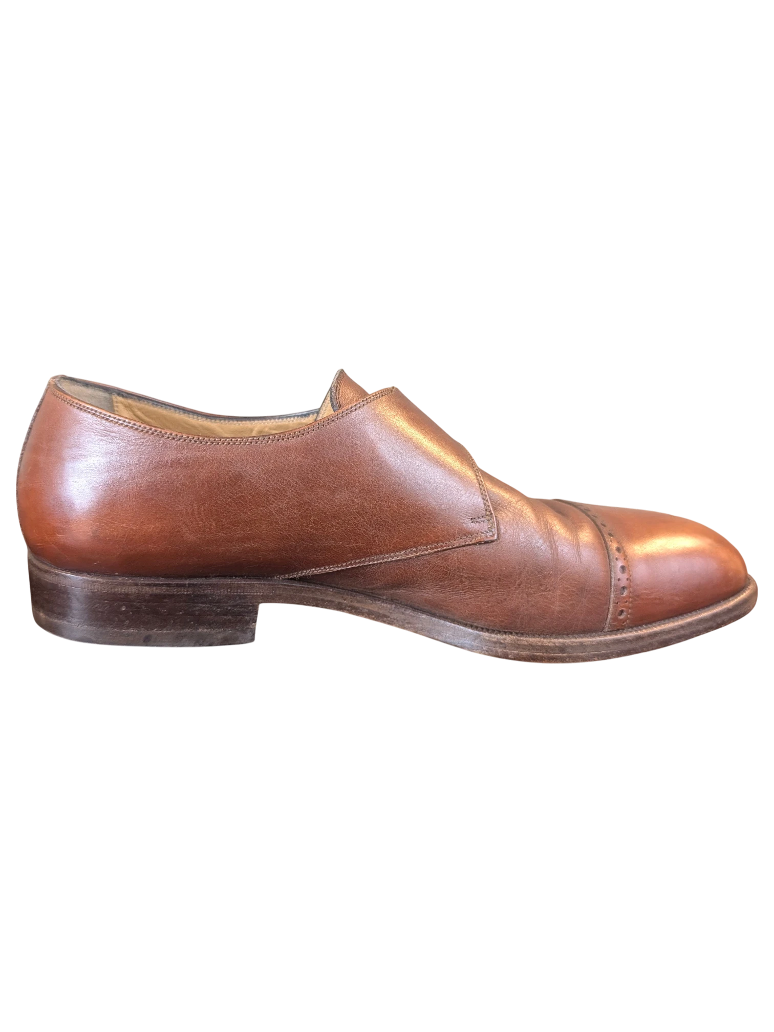 JAKE & IPI Melluso Uomo brown leather monk strap shoes with cap toe detailing in a side profile view.