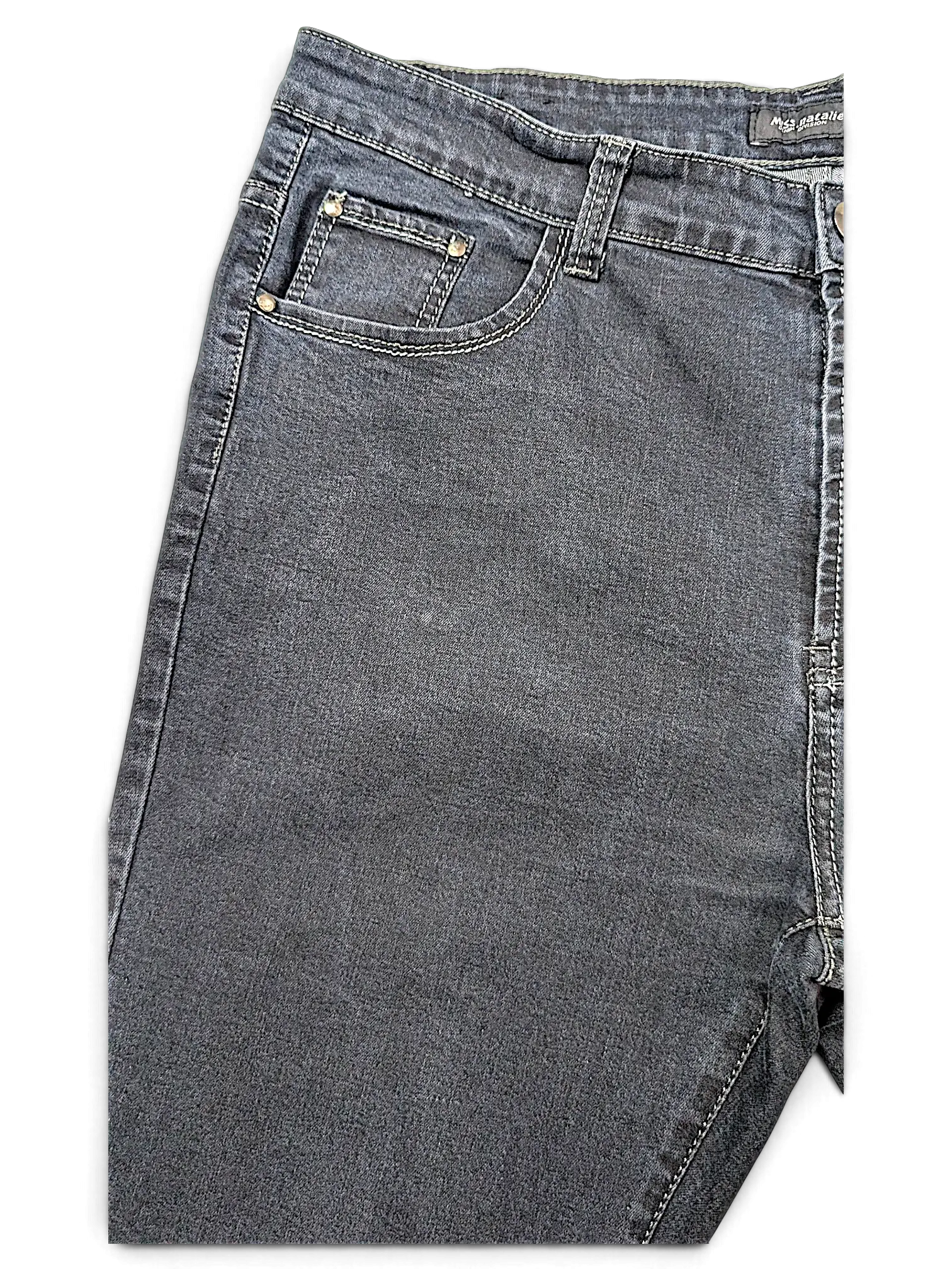 JAKE & IPI Miss Natalie MN Denim Division dark grey jeans with contrast stitching and front pocket rivets