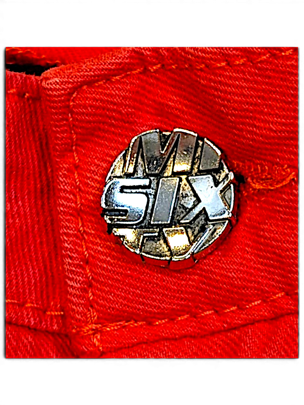 JAKE & IPI Miss Sixty Skin Deep red denim jeans featuring a silver branded button detail