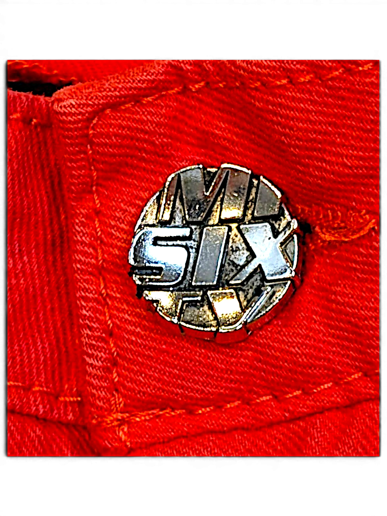 JAKE & IPI Miss Sixty Skin Deep red denim jeans featuring a silver branded button detail