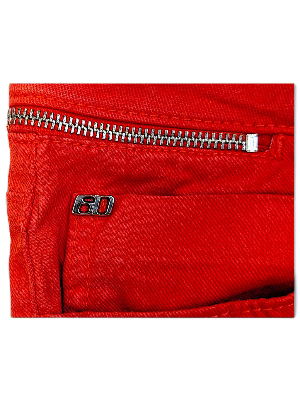 JAKE & IPI Miss Sixty red denim jeans featuring a silver metal zipper detail and branded 60 logo hardware.