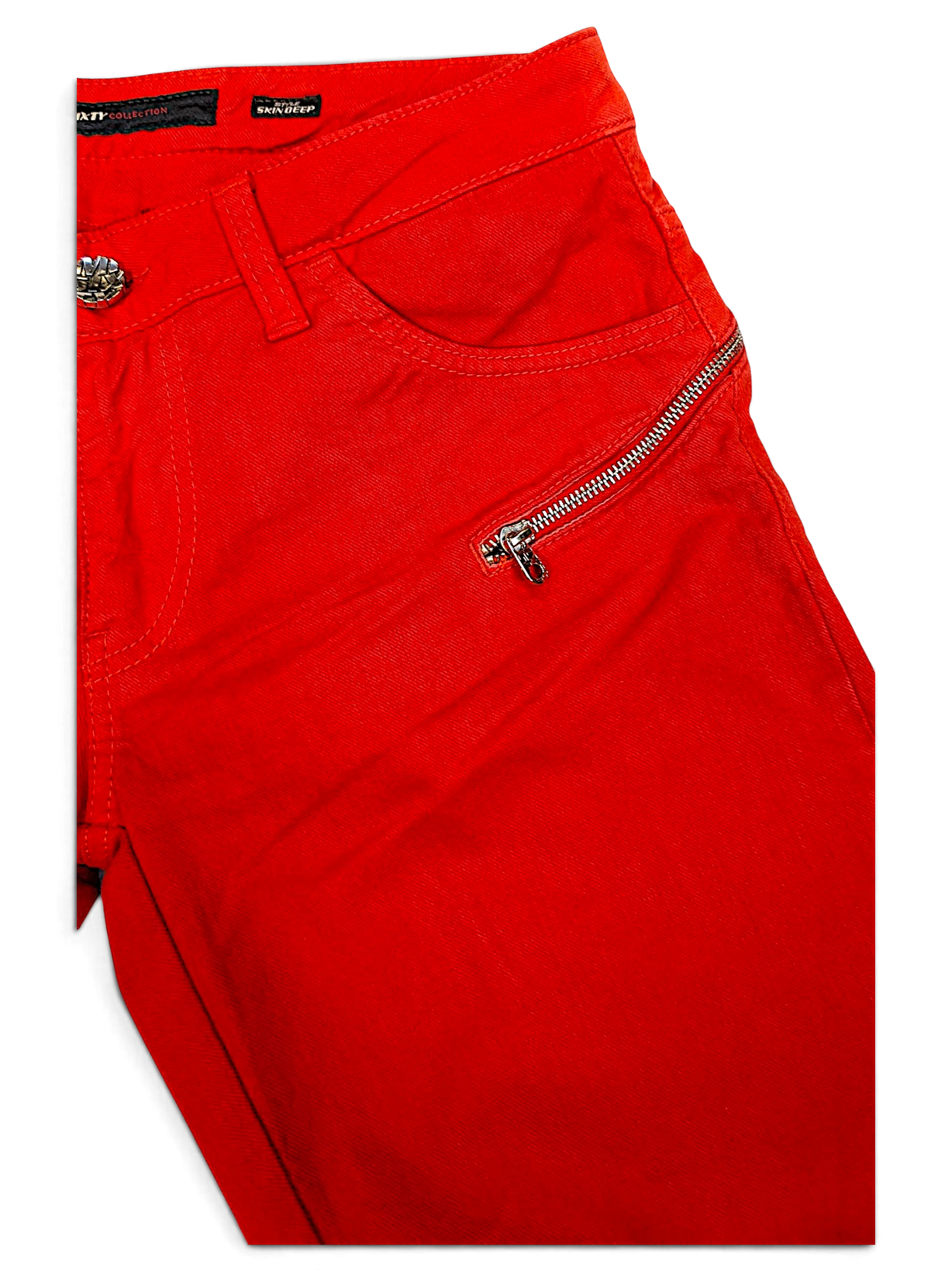 JAKE & IPI pre-owned Miss Sixty Skin Deep red denim jeans featuring a side zipper detail and silver button closure.
