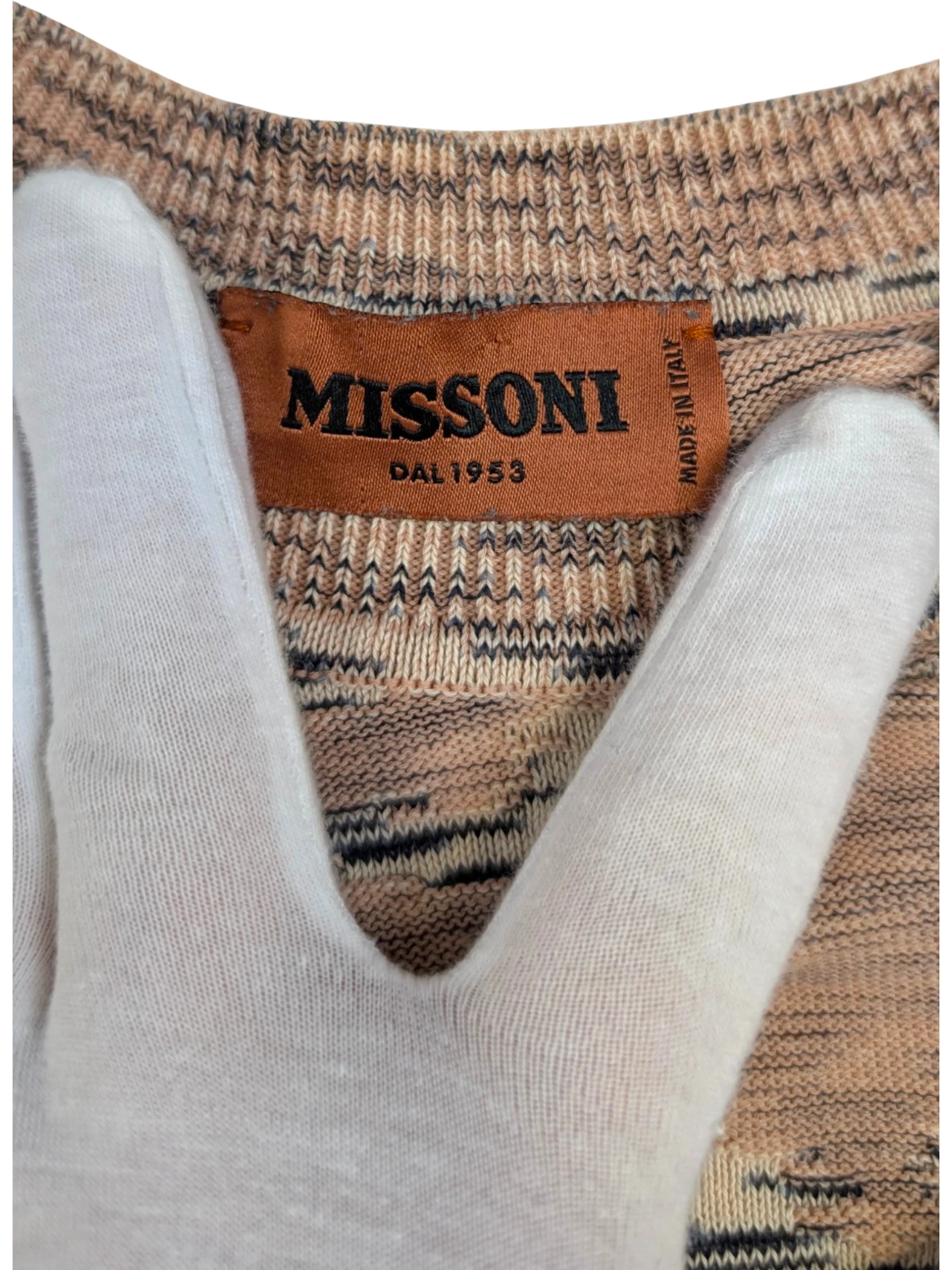 JAKE & IPI Missoni abstract jacquard knit crewneck sweater in rust, beige, cream, and charcoal earth tones. Made in Italy.