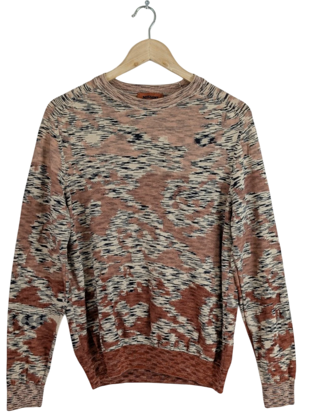 JAKE & IPI Missoni abstract jacquard knit crewneck sweater in rust, beige, cream, and charcoal earth tones. Made in Italy.