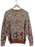 JAKE & IPI Missoni abstract jacquard knit crewneck sweater in rust, beige, cream, and charcoal earth tones. Made in Italy.
