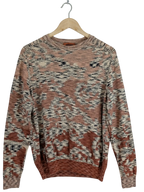 JAKE & IPI Missoni abstract jacquard knit crewneck sweater in rust, beige, cream, and charcoal earth tones. Made in Italy.