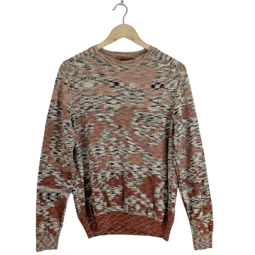 JAKE & IPI Missoni abstract jacquard knit crewneck sweater in rust, beige, cream, and charcoal earth tones. Made in Italy.