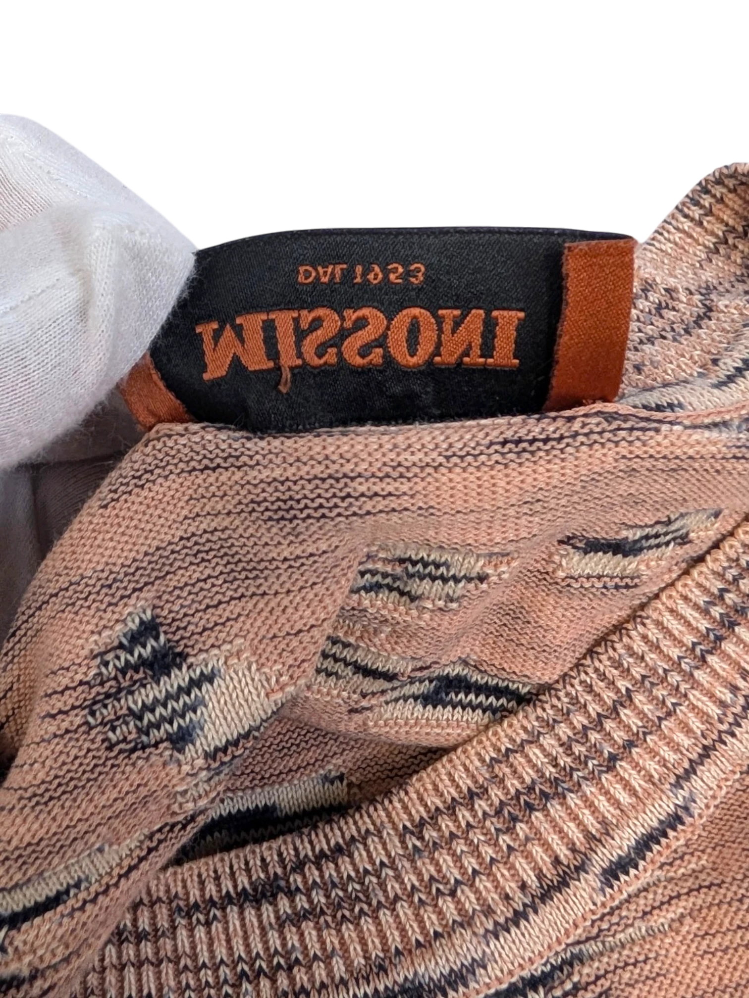 JAKE & IPI Missoni abstract jacquard knit crewneck sweater in rust, beige, cream, and charcoal earth tones. Made in Italy.