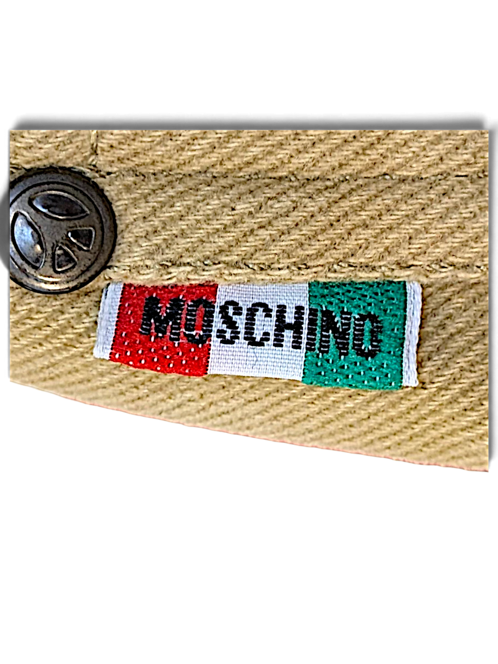 JAKE & IPI pre-owned Moschino Jeans beige trousers featuring a branded Italian flag label and peace sign button
