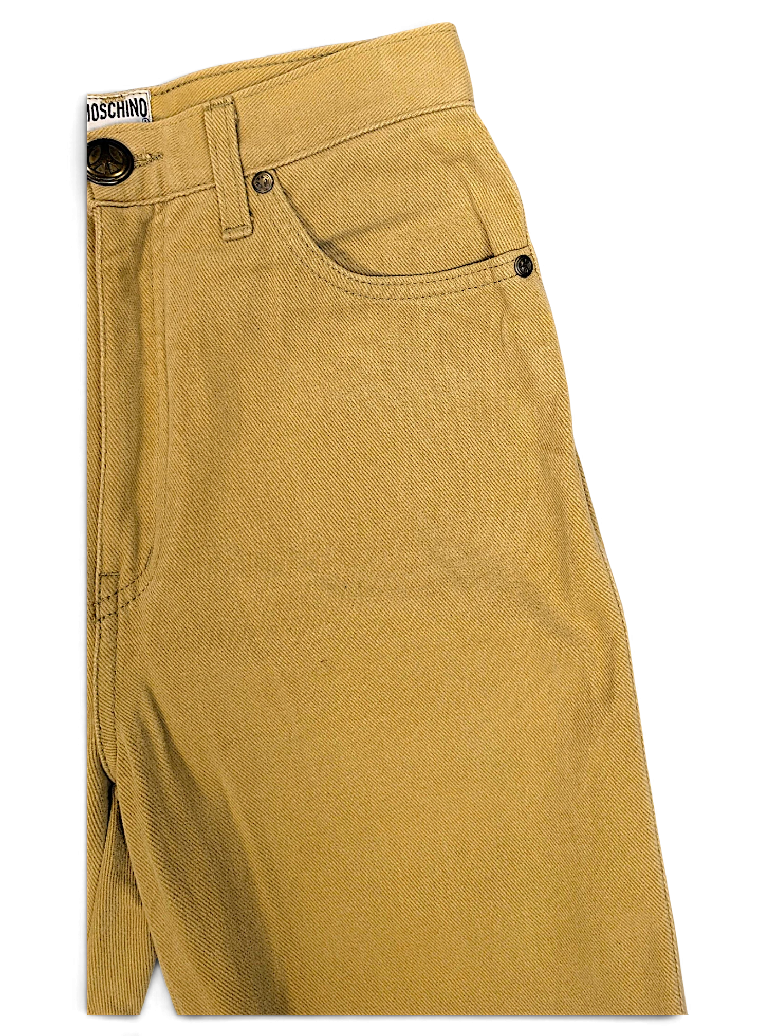 JAKE & IPI pre-owned Moschino Jeans beige straight-leg trousers with branded button and classic pocket detailing.
